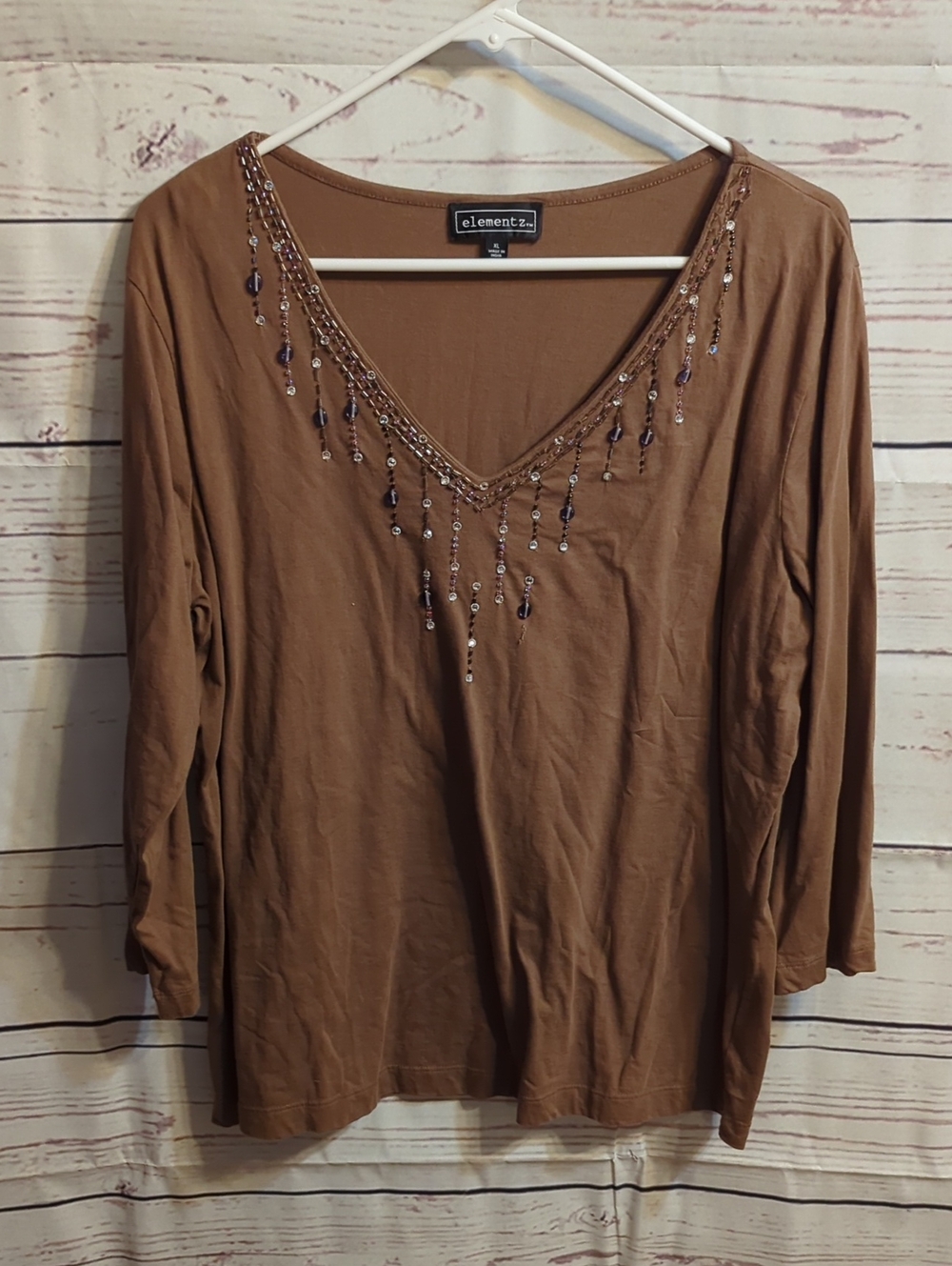 Elementz Brown V-Neck Long Sleeve Top with Beaded Trim